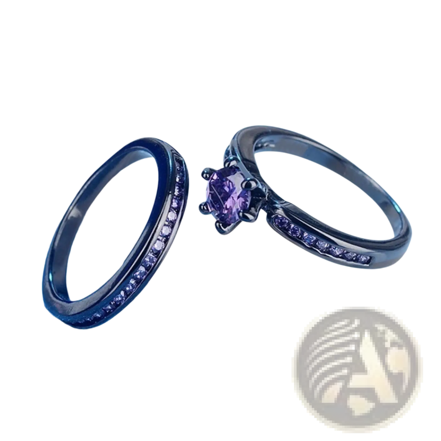 Black Tungsten and Purple Gemstone Wedding Band Set
