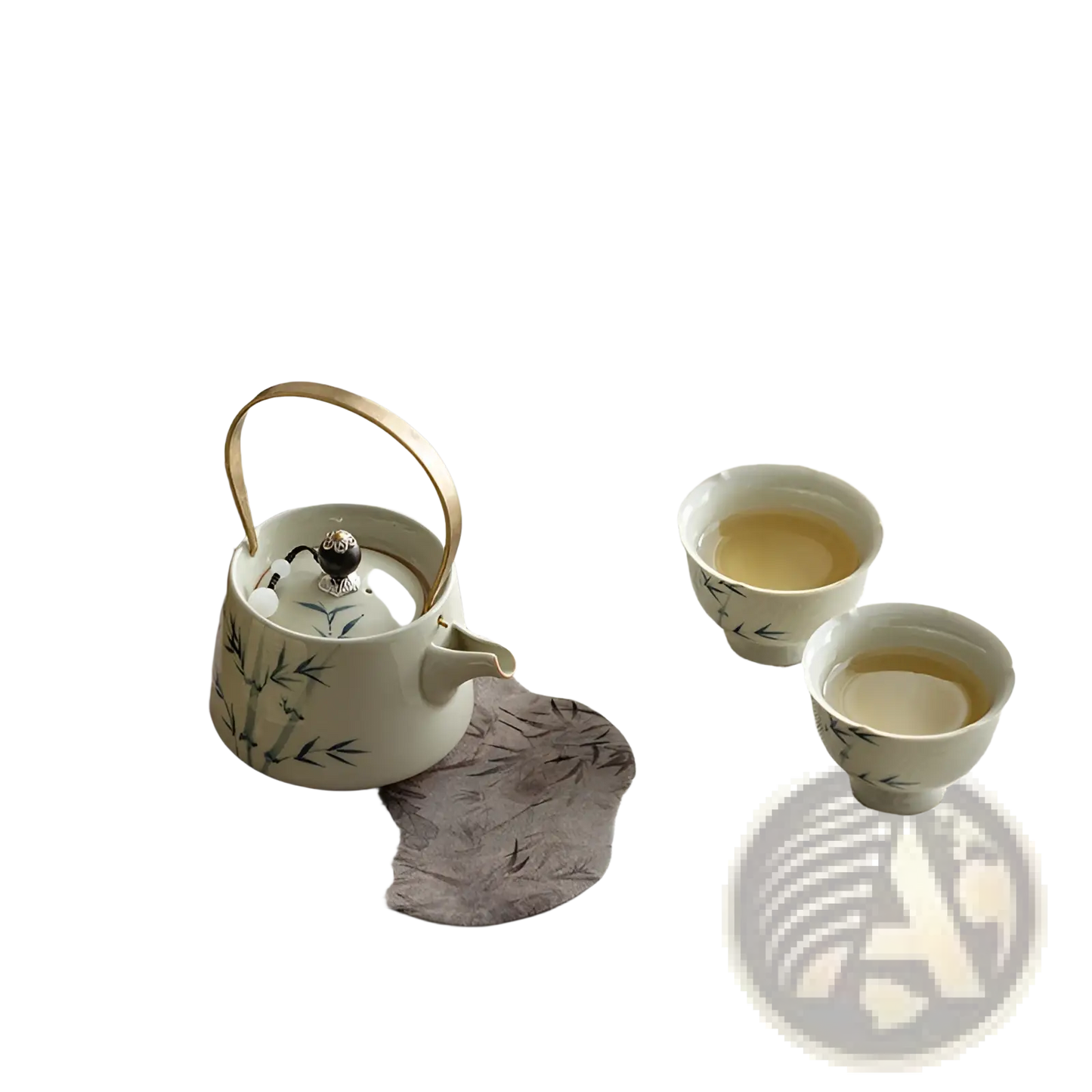 Blue Bamboo Ceramic Teapot Set with Two Cups
