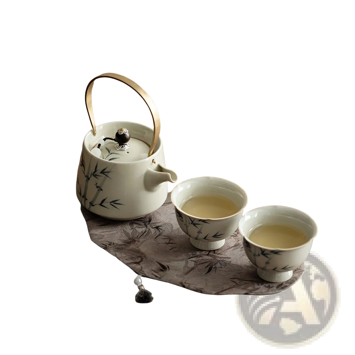 Blue Bamboo Ceramic Teapot Set with Two Cups