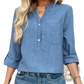 Blue Denim Button Up v Neck Blouse with Pockets