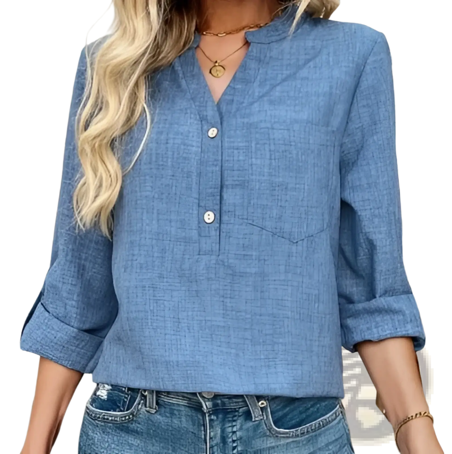 Blue Denim Button Up v Neck Blouse with Pockets