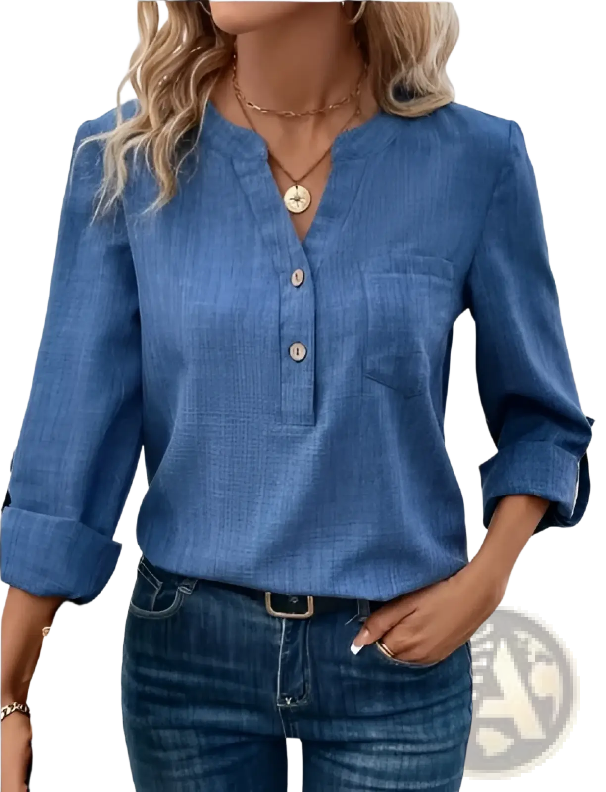 Blue Denim Button Up v Neck Blouse with Pockets
