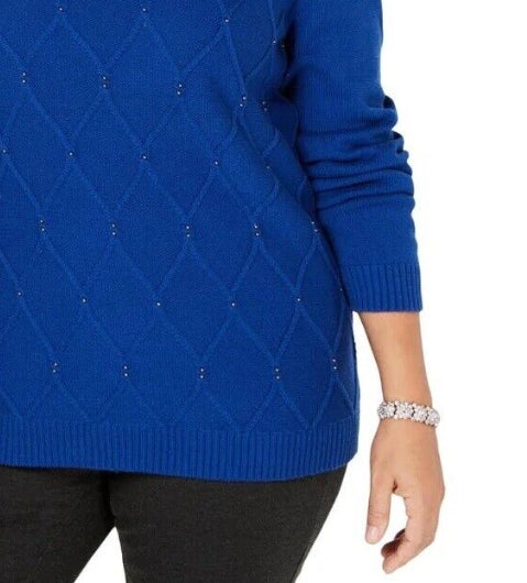 Karen Scott Women's Beaded Cable Mock Neck Sweater Blue Size Extra Small