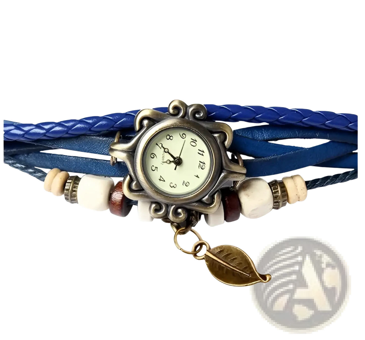 Bohemian Blue Braided Leather Leaf Charm Wrap Watch