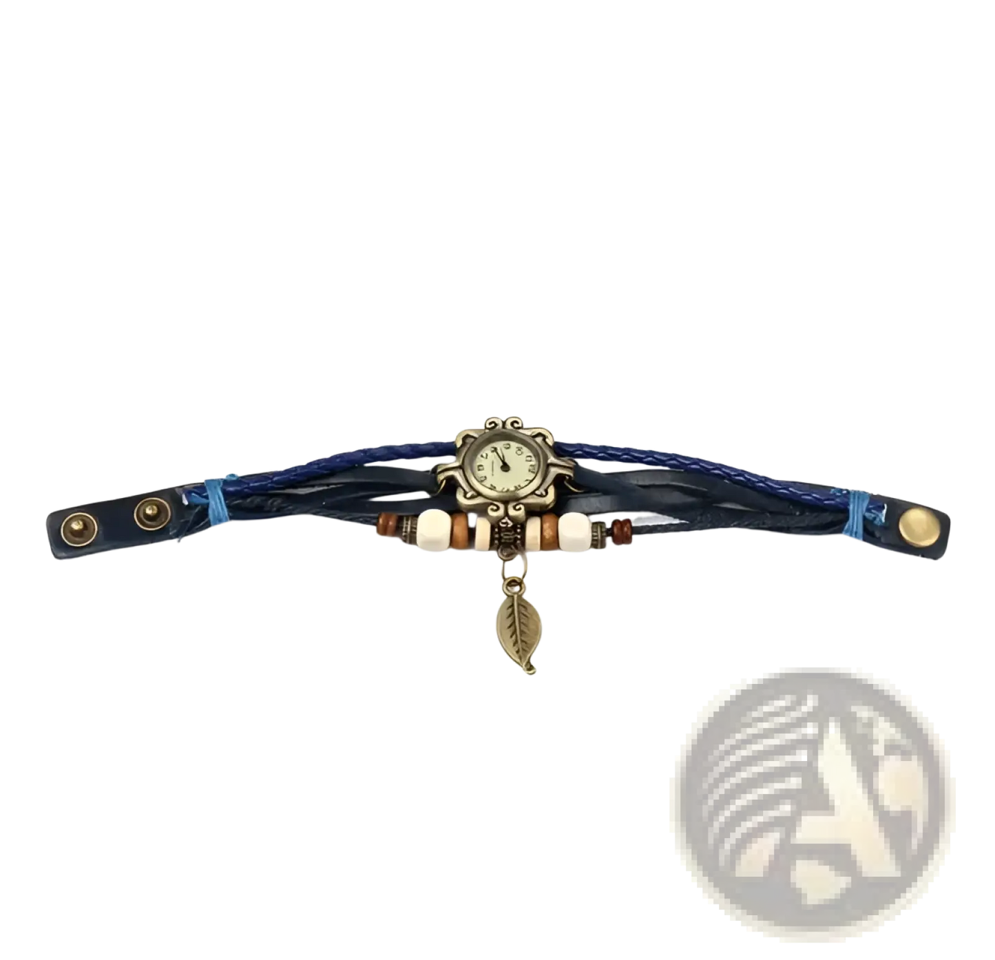 Bohemian Blue Braided Leather Leaf Charm Wrap Watch