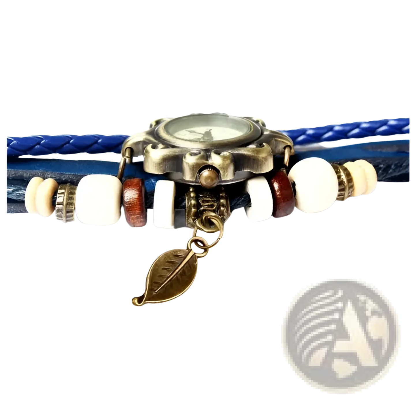Bohemian Blue Braided Leather Leaf Charm Wrap Watch