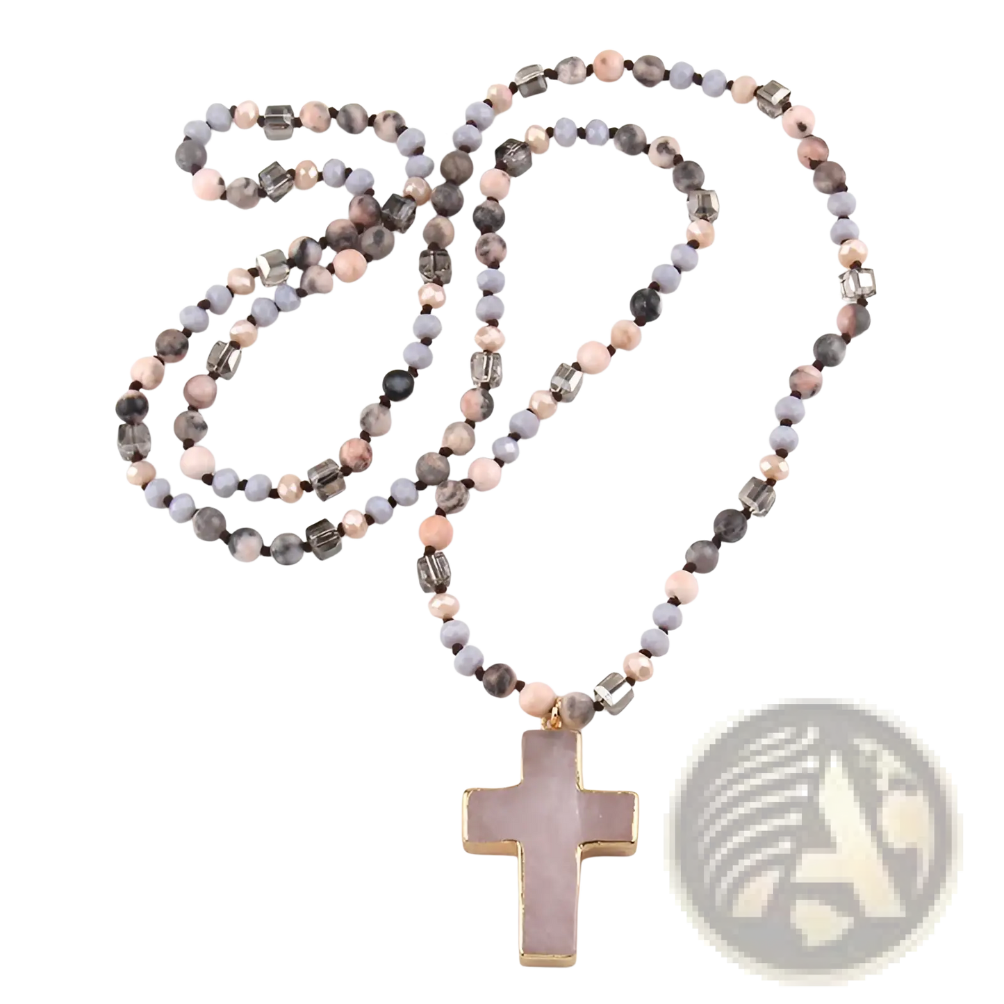 Bohemian Natural Stone and Glass Beaded Cross Necklace