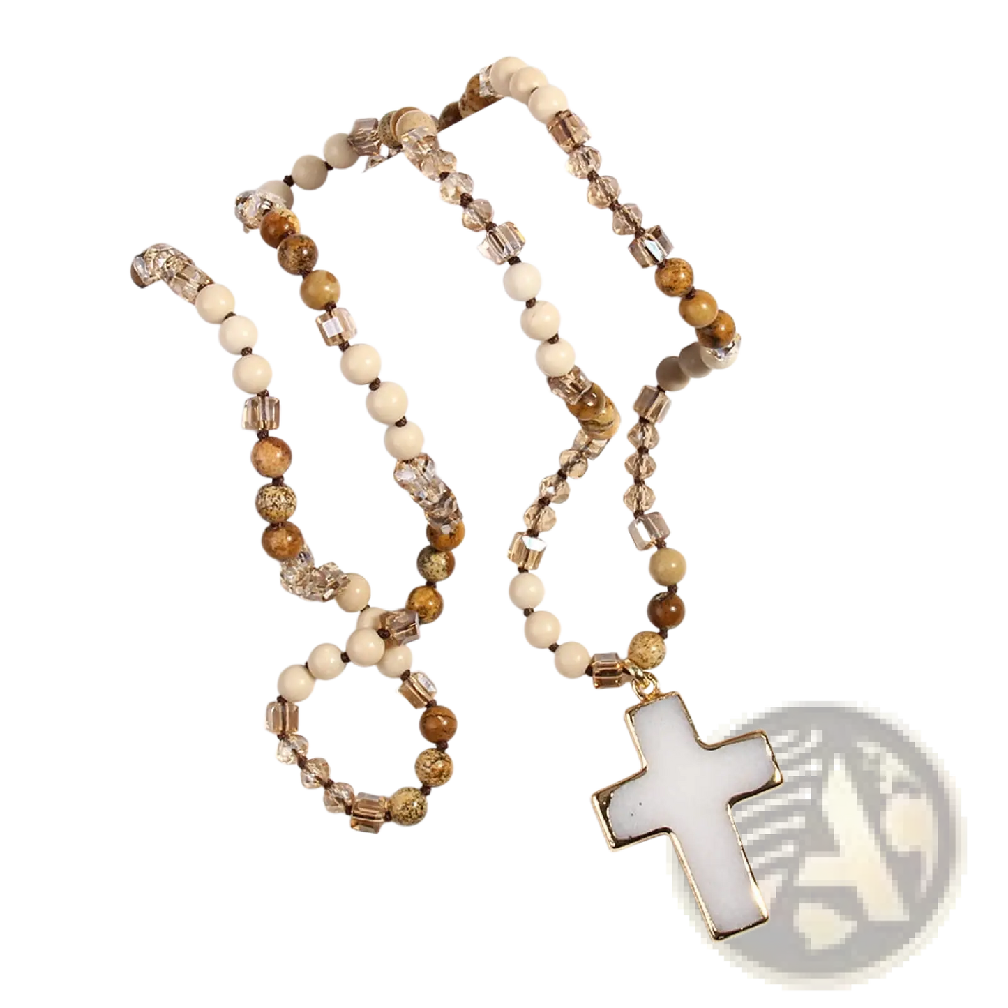 Bohemian Natural Stone and Glass Beaded Cross Necklace