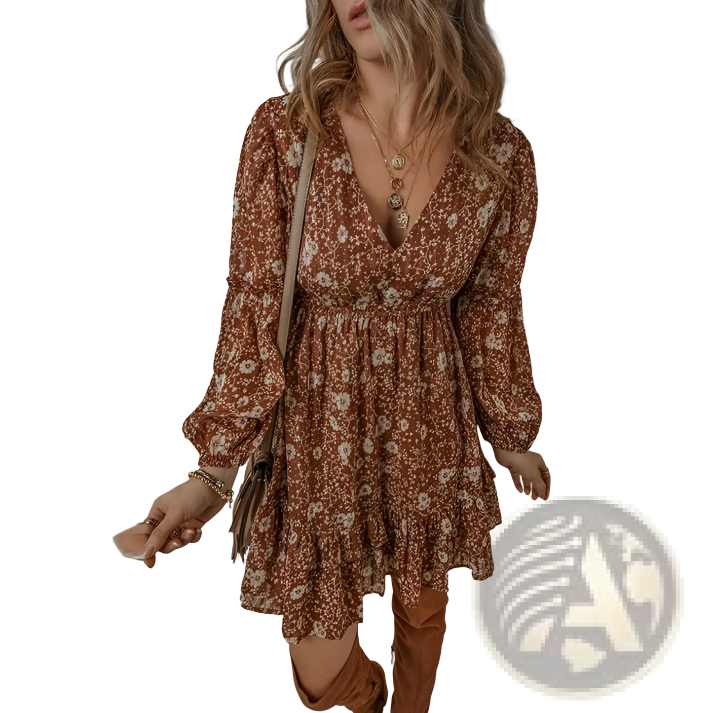 Bohemian Rust Floral Tiered Mini Dress with Puff Sleeves