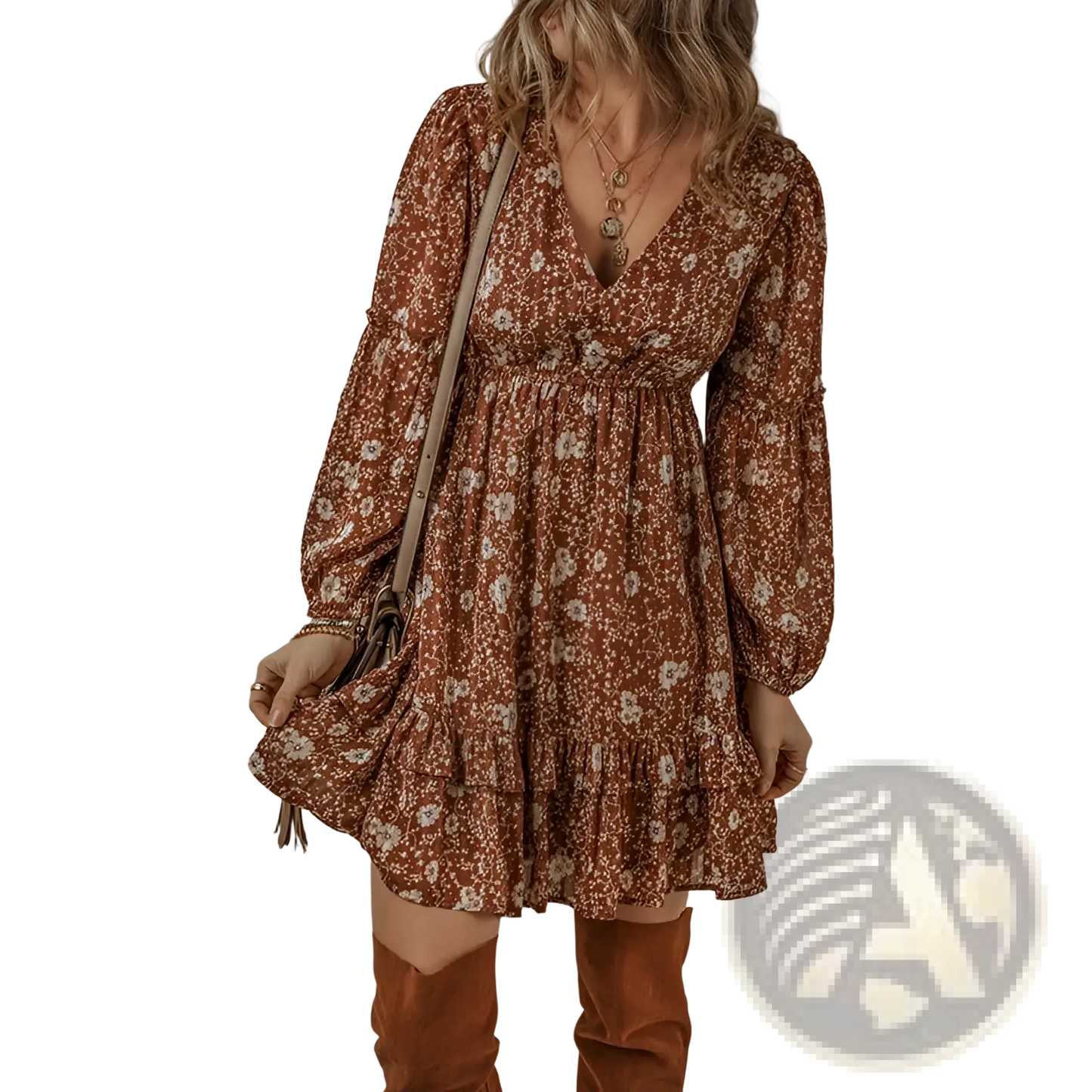 Bohemian Rust Floral Tiered Mini Dress with Puff Sleeves