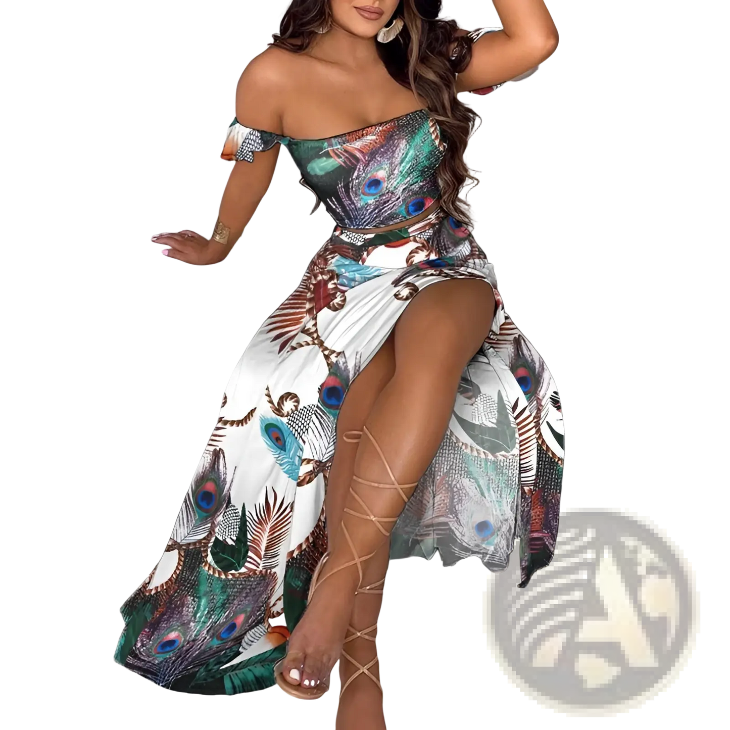 Bohemian Off-shoulder High Slit Two-piece Maxi Dress