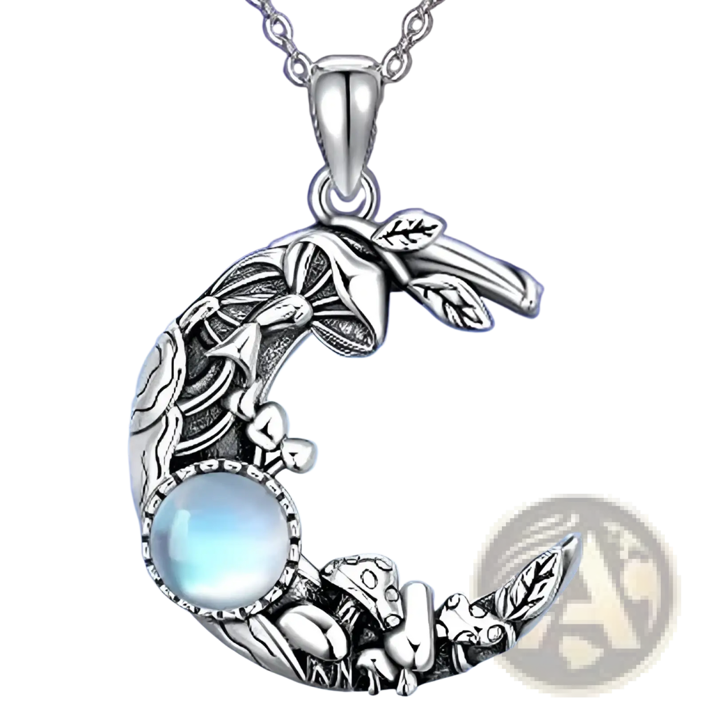 Bohemian Silver Mushroom and Moonstone Crescent Necklace
