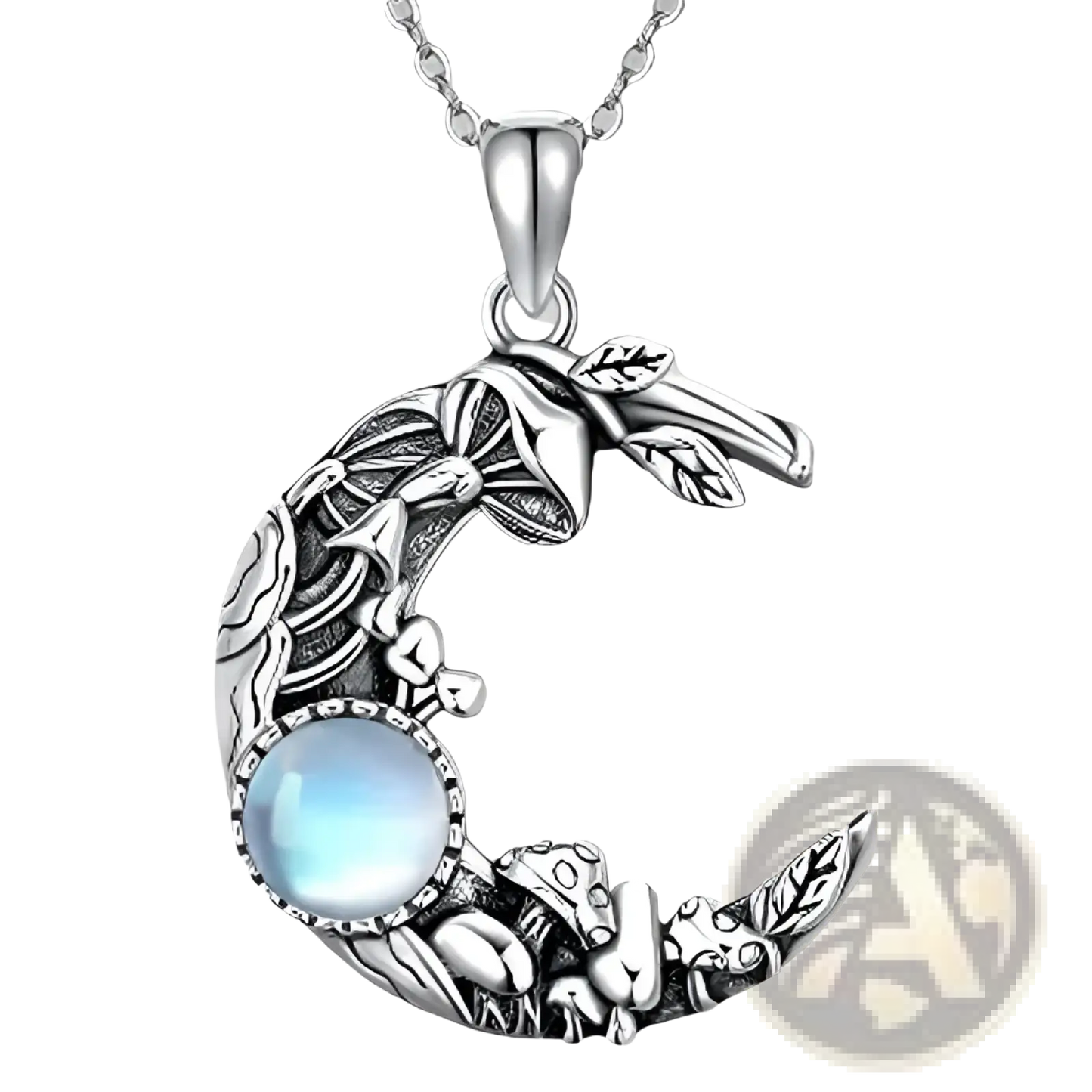 Bohemian Silver Mushroom and Moonstone Crescent Necklace