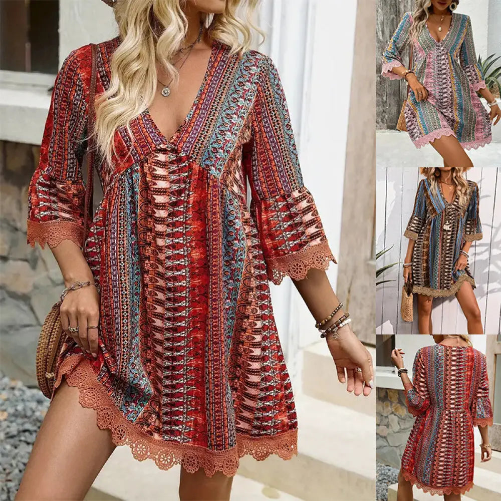 Embroidered Bohemian V-neck Lace Trim Beach Dress