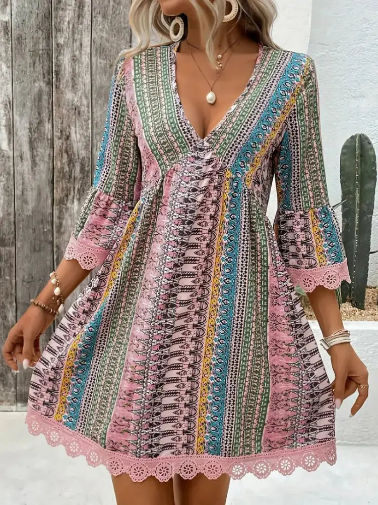 Embroidered Bohemian V-neck Lace Trim Beach Dress