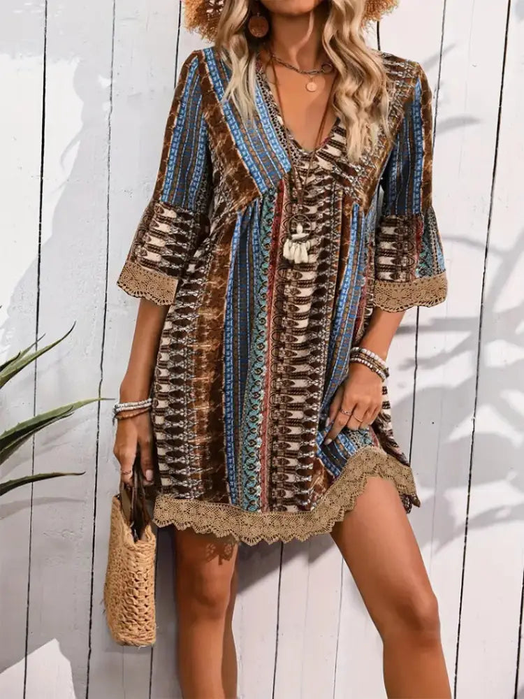 Embroidered Bohemian V-neck Lace Trim Beach Dress