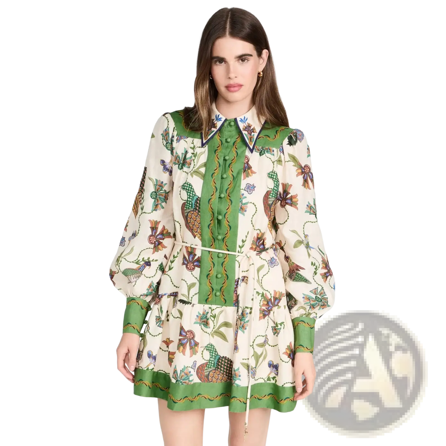 Botanical Print Puff Sleeve Midi Dress with Contrast Trim