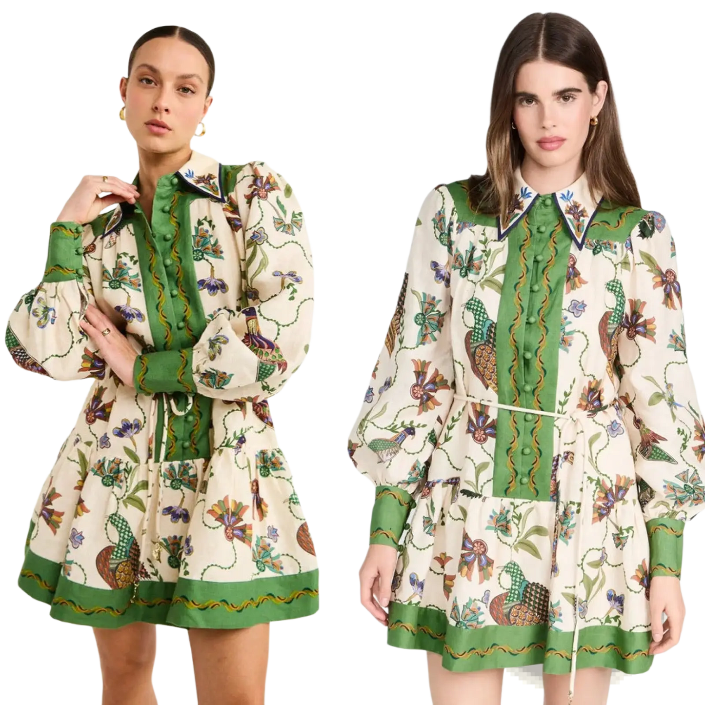 Botanical Print Puff Sleeve Midi Dress with Contrast Trim