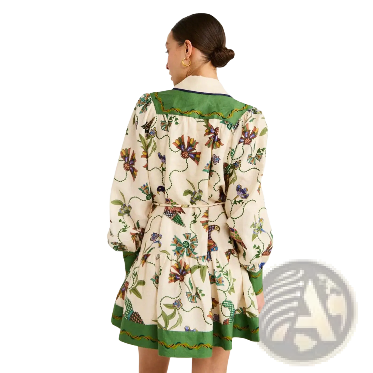Botanical Print Puff Sleeve Midi Dress with Contrast Trim