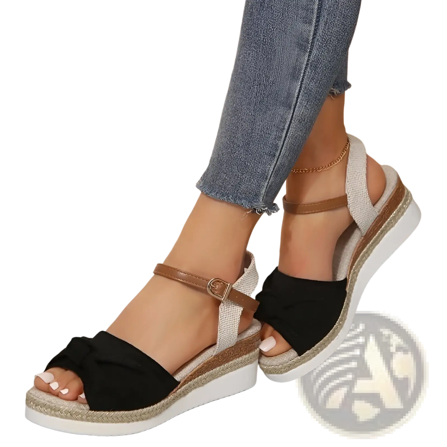 Bow Wedge Sandals with Woven Rope Sole and Buckle Strap