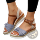 Bow Wedge Sandals with Woven Rope Sole and Buckle Strap