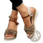 Bow Wedge Sandals with Woven Rope Sole and Buckle Strap