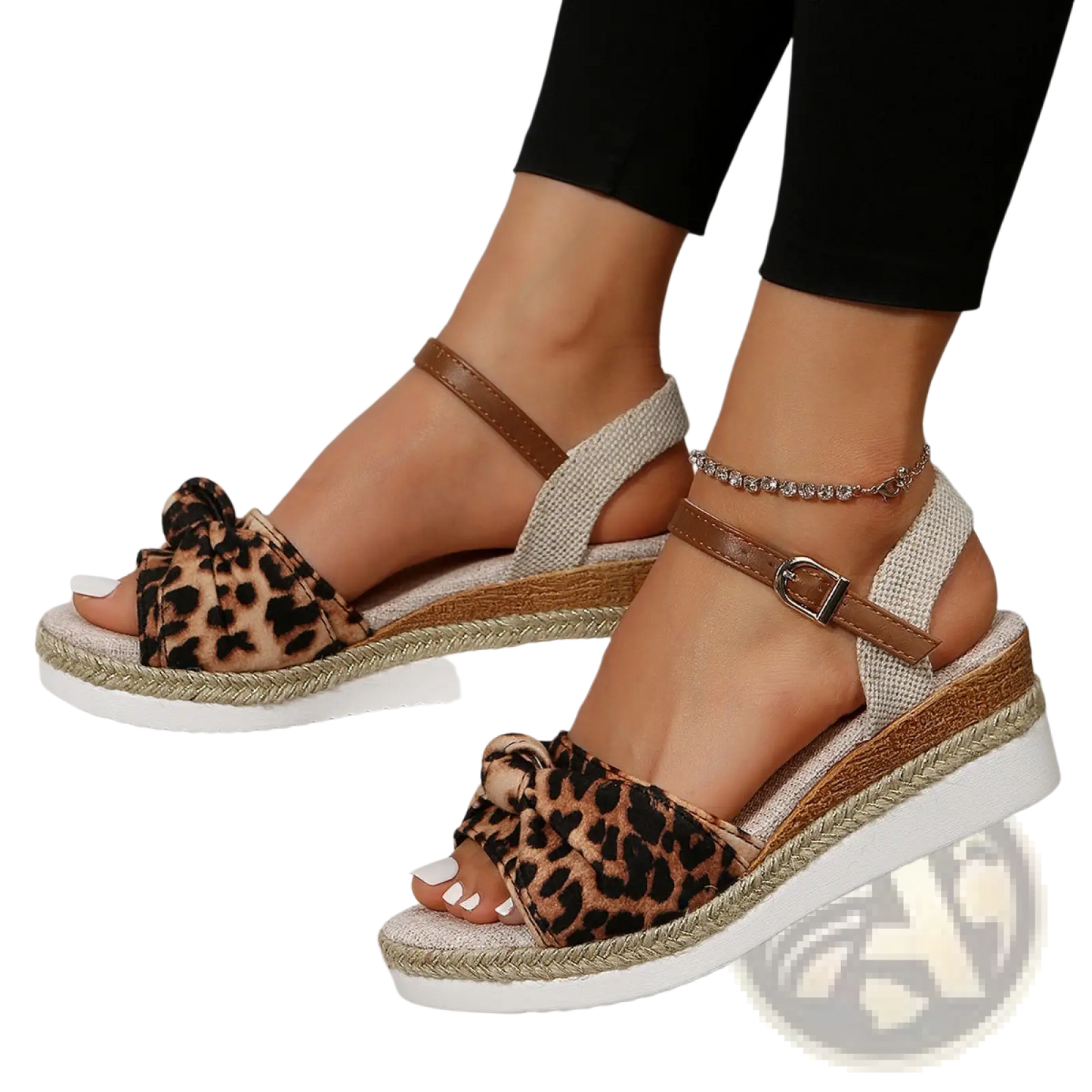 Bow Wedge Sandals with Woven Rope Sole and Buckle Strap