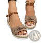 Bow Wedge Sandals with Woven Rope Sole and Buckle Strap