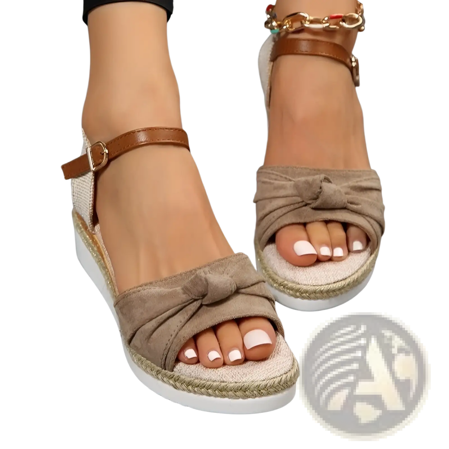 Bow Wedge Sandals with Woven Rope Sole and Buckle Strap