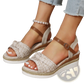 Bow Wedge Sandals with Woven Rope Sole and Buckle Strap