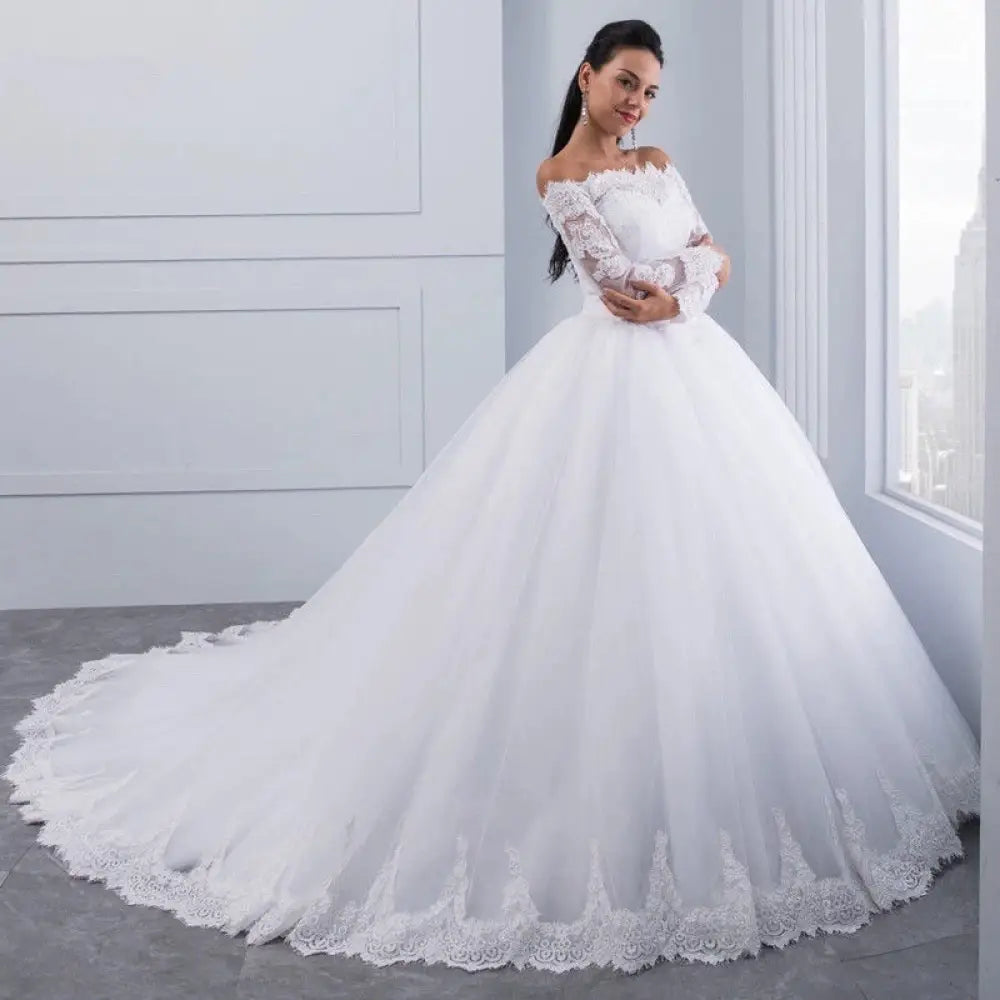 Off-the-shoulder Lace Wedding Gown with Long Train
