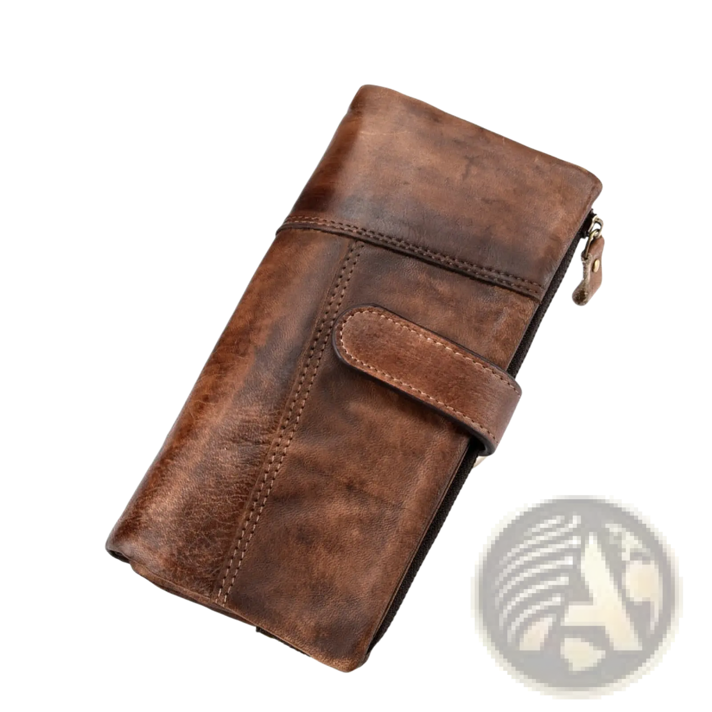 Brown Leather Long Wallet Vintage Stitching Zipper