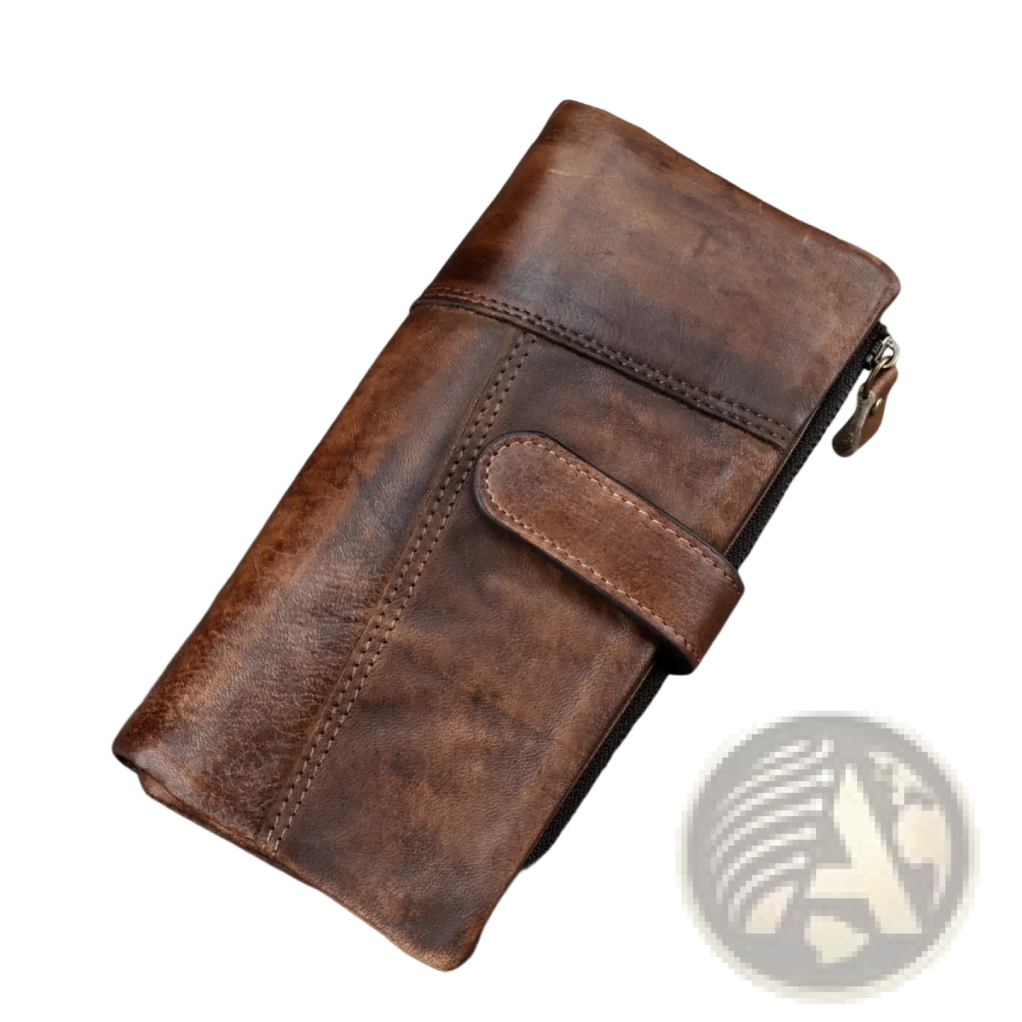 Brown Leather Long Wallet Vintage Stitching Zipper