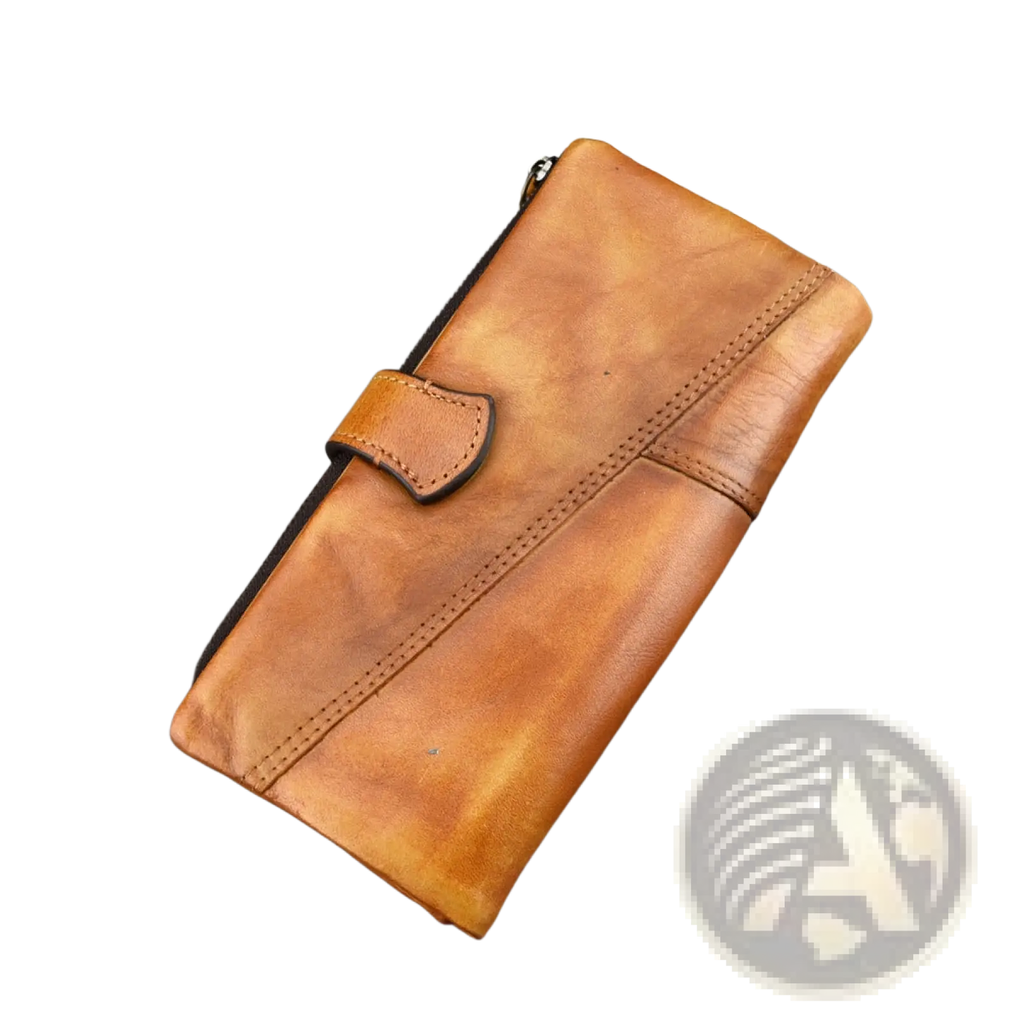Brown Leather Long Wallet Vintage Stitching Zipper