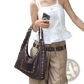 Brown Studded Leather Shoulder Bag Retro Hobo Purse