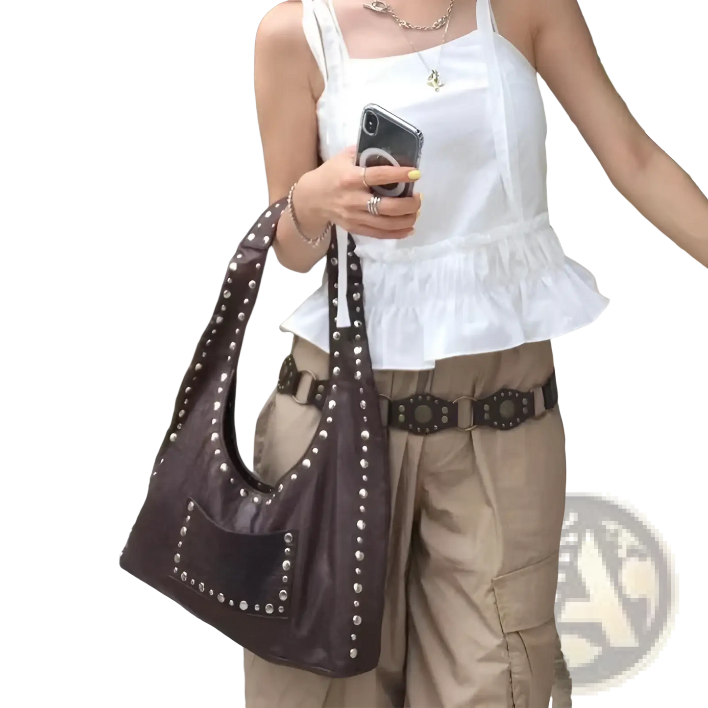 Brown Studded Leather Shoulder Bag Retro Hobo Purse