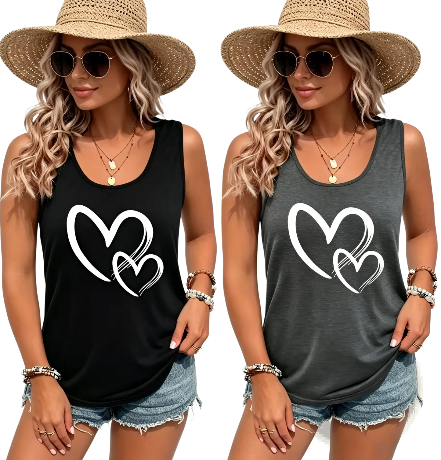 Brushstroke Heart Print Sleeveless Crew Neck Tank Top