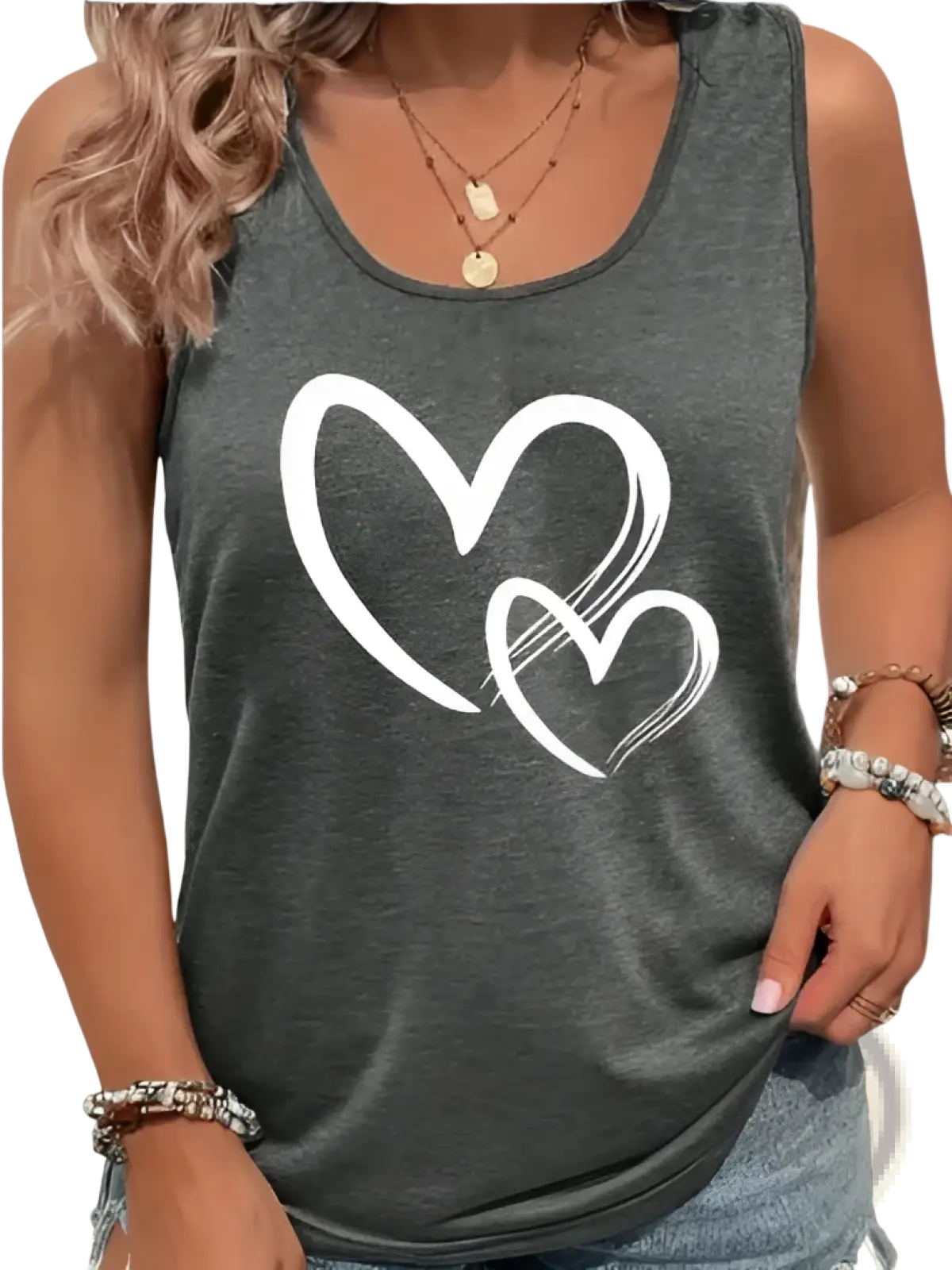 Brushstroke Heart Print Sleeveless Crew Neck Tank Top
