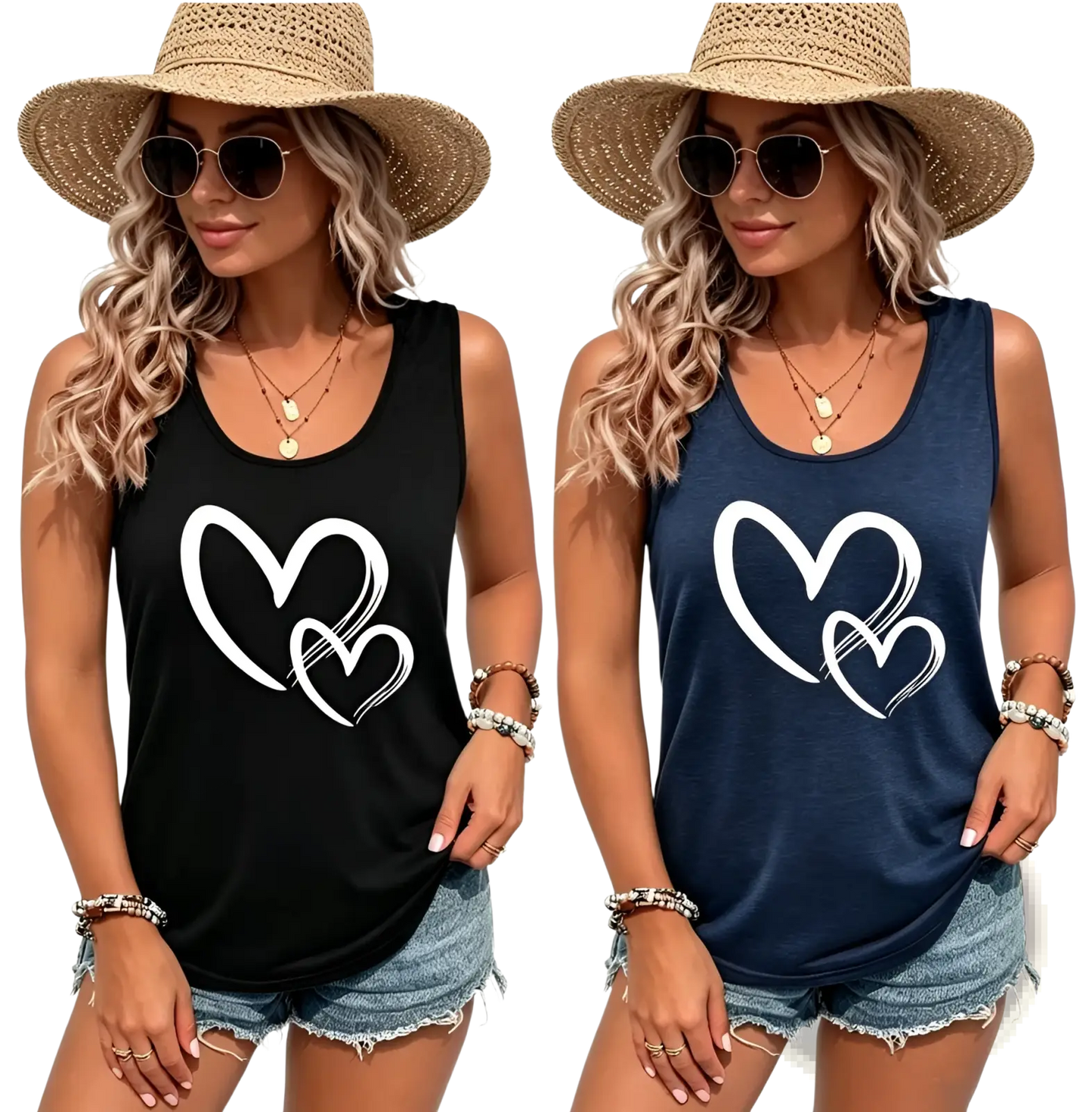 Brushstroke Heart Print Sleeveless Crew Neck Tank Top