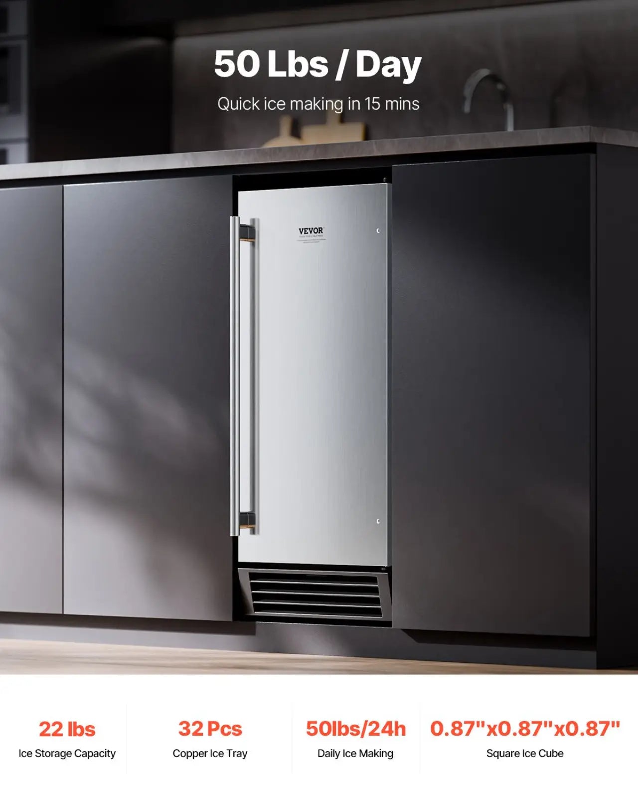 Built-in Ice Maker 50 Lbs with Drain Pump and Door