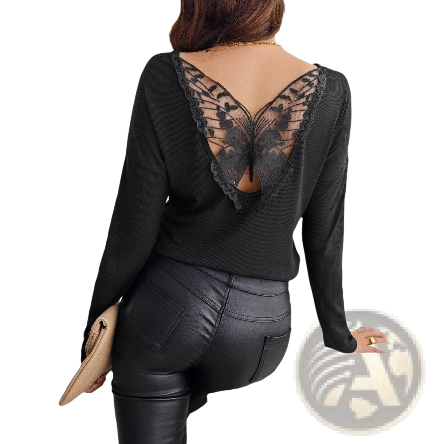 Butterfly Lace Back Ribbed Long Sleeve Top