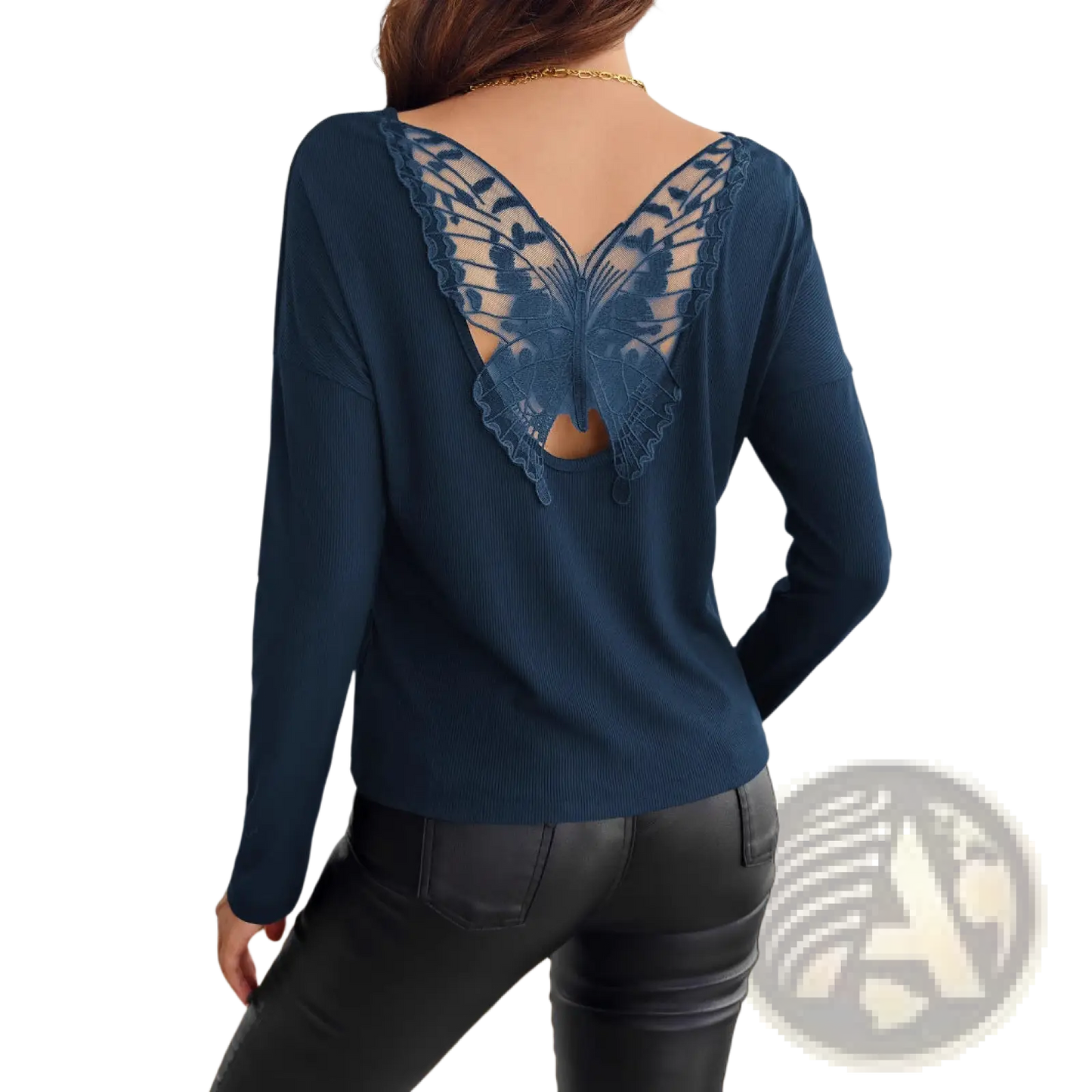 Butterfly Lace Back Ribbed Long Sleeve Top