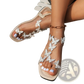 Butterfly Rhinestone Sandals Square Toe Flat Shoes