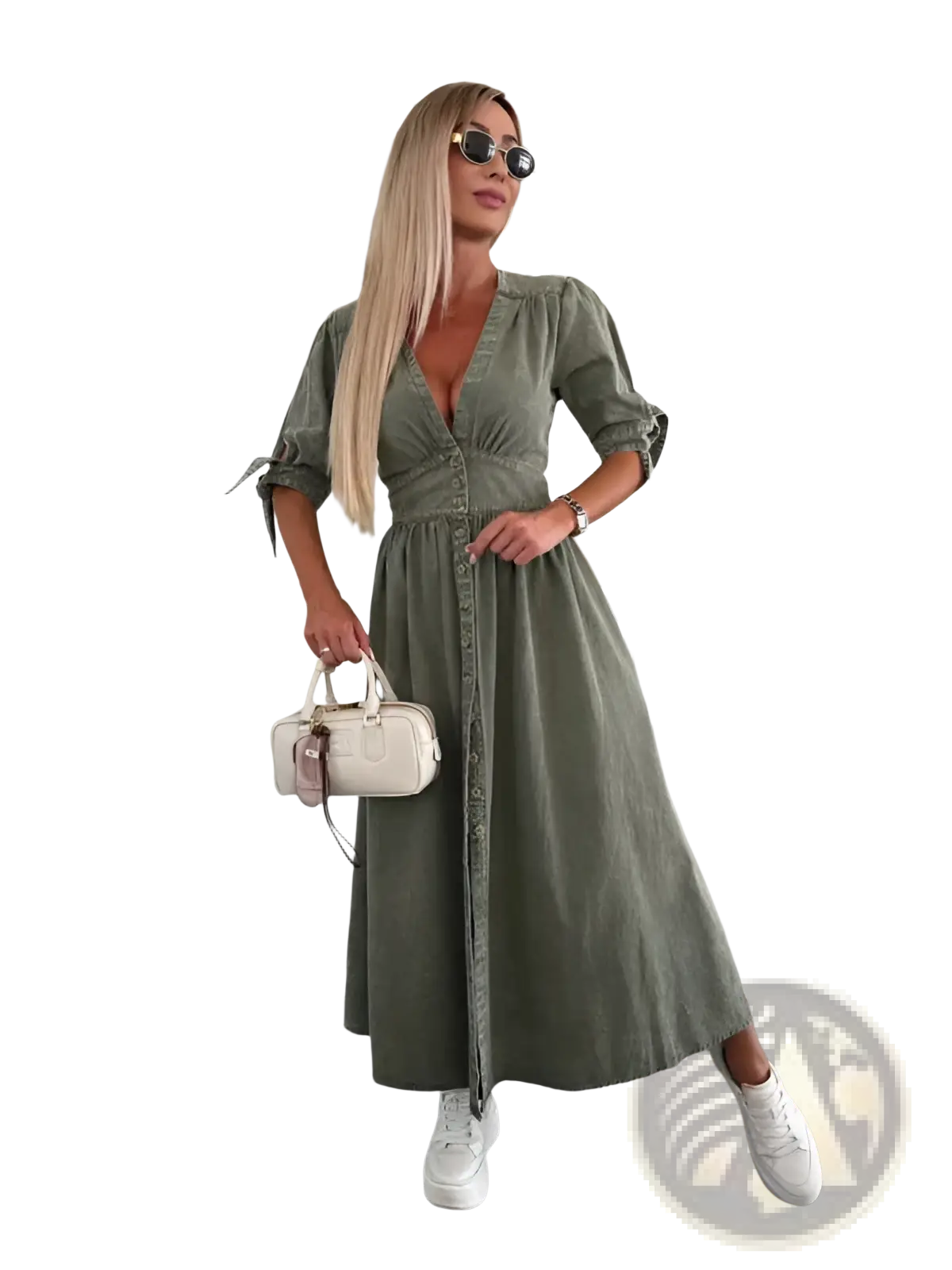 Button Front Denim Midi Dress with Puff Sleeves