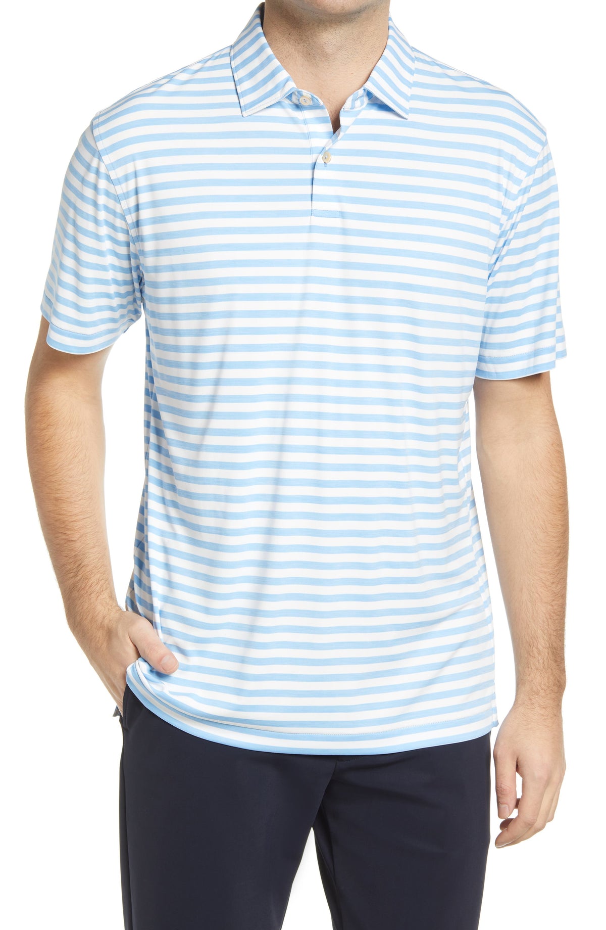 Peter Millar Featherweight Melange Stripe Performance Polo, Size Medium in Amazon Blue at Nordstrom