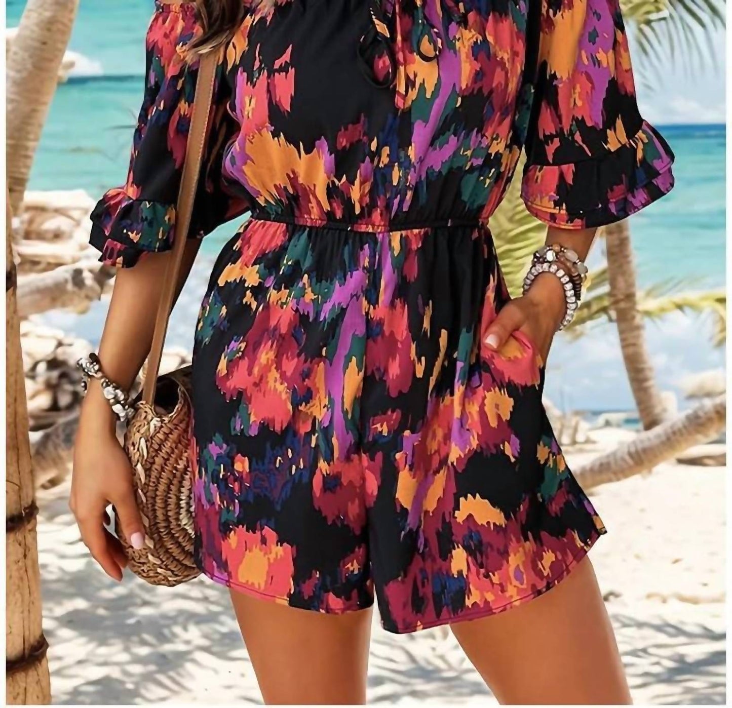 Ninexis - Off-shoulder Printed Romper