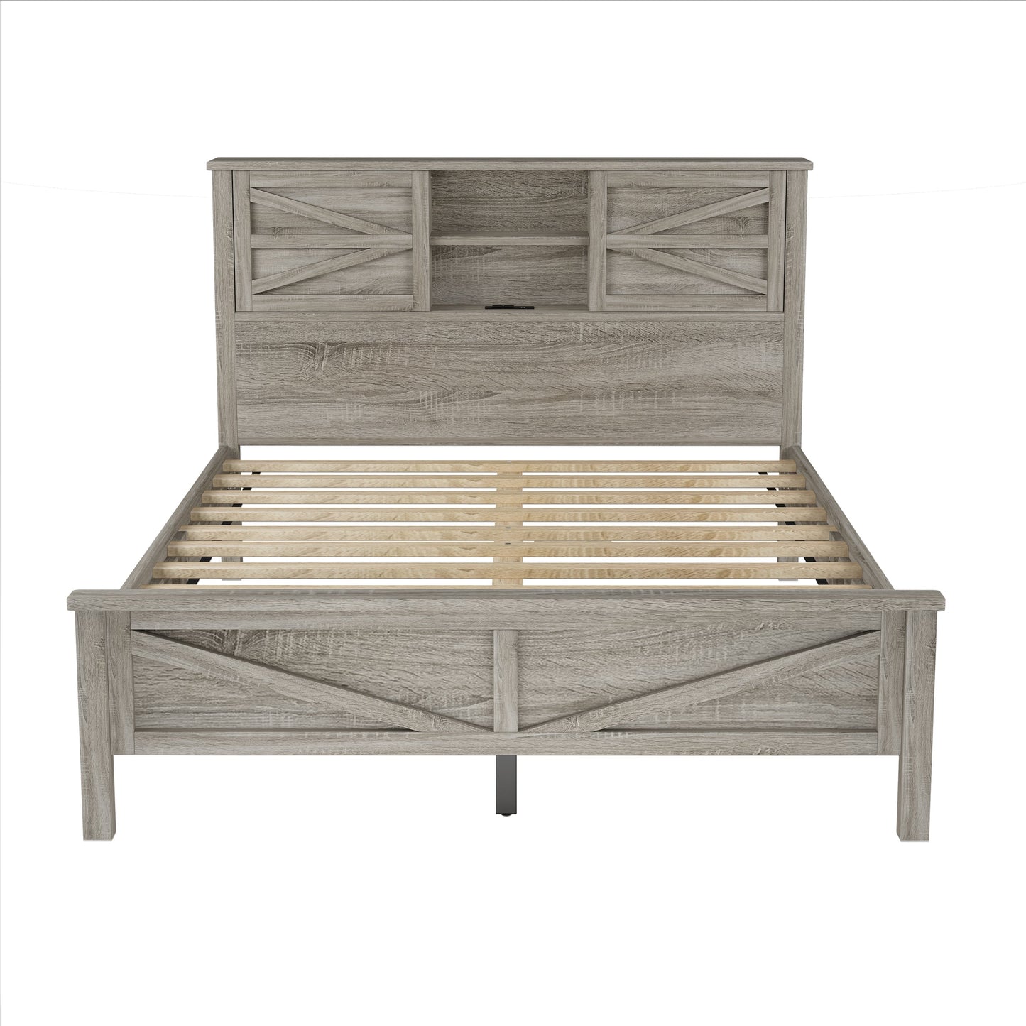 3-Pieces Bedroom Set Queen Size Farmhouse Platform Bed with Storage Headboard and Charging Station
