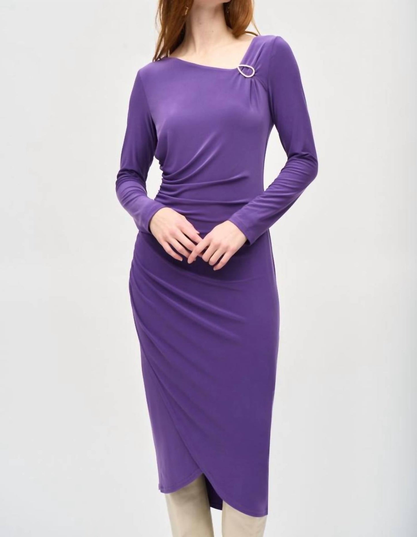 Joseph Ribkoff - Ruched Long Sleeve Wrap Midi Sheath Dress