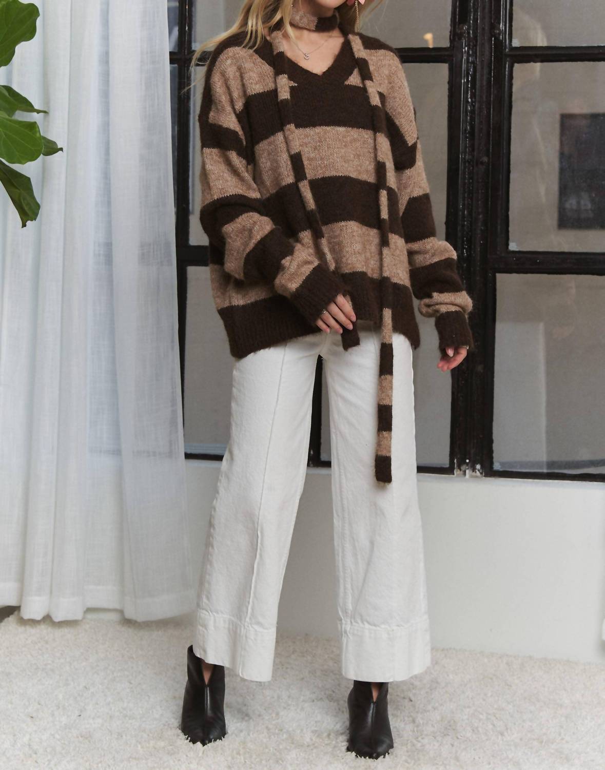 Adora - Stripes Knit Sweater With Scarf
