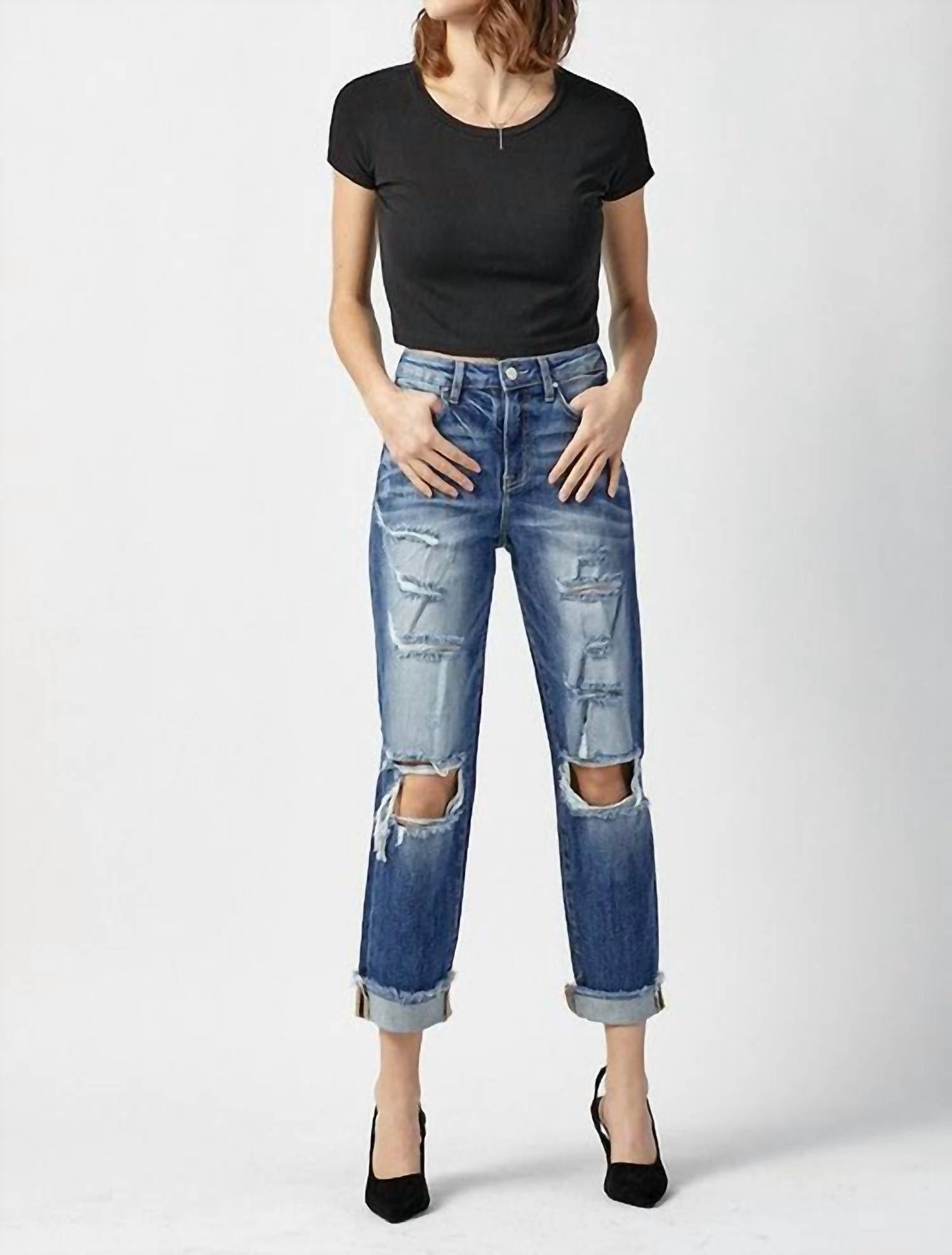 Risen - High Rise Boyfriend Destroyed Jeans